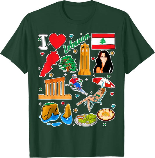 Lebanese hand drawn symbols, Lebanon map, cultural icons T-Shirt - T-Shirt | Forest