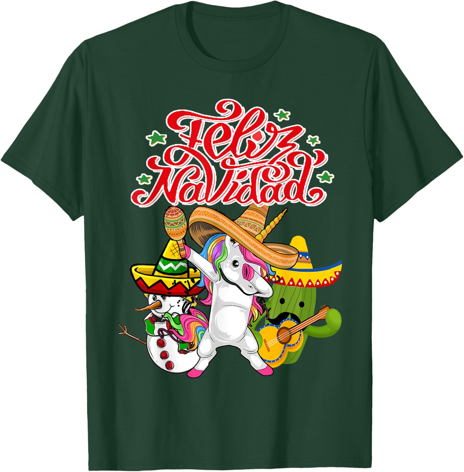 Feliz Navidad Unicorn Cactus Funny Mexican Christmas T-Shirt - T-Shirt | Forest