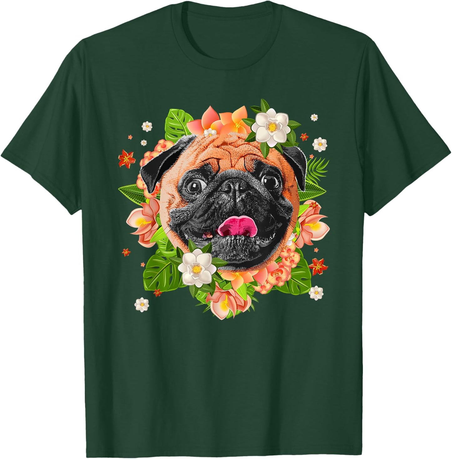 Cool Pug Dog Women Girls Pug Lovers Flower Hawaiian T-Shirt - T-Shirt | Forest