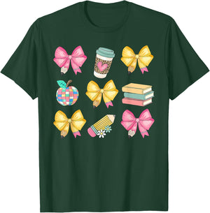 Coquette Bow Pencil Teacher Student First Day Back To School T-Shirt - T-Shirt | Forest