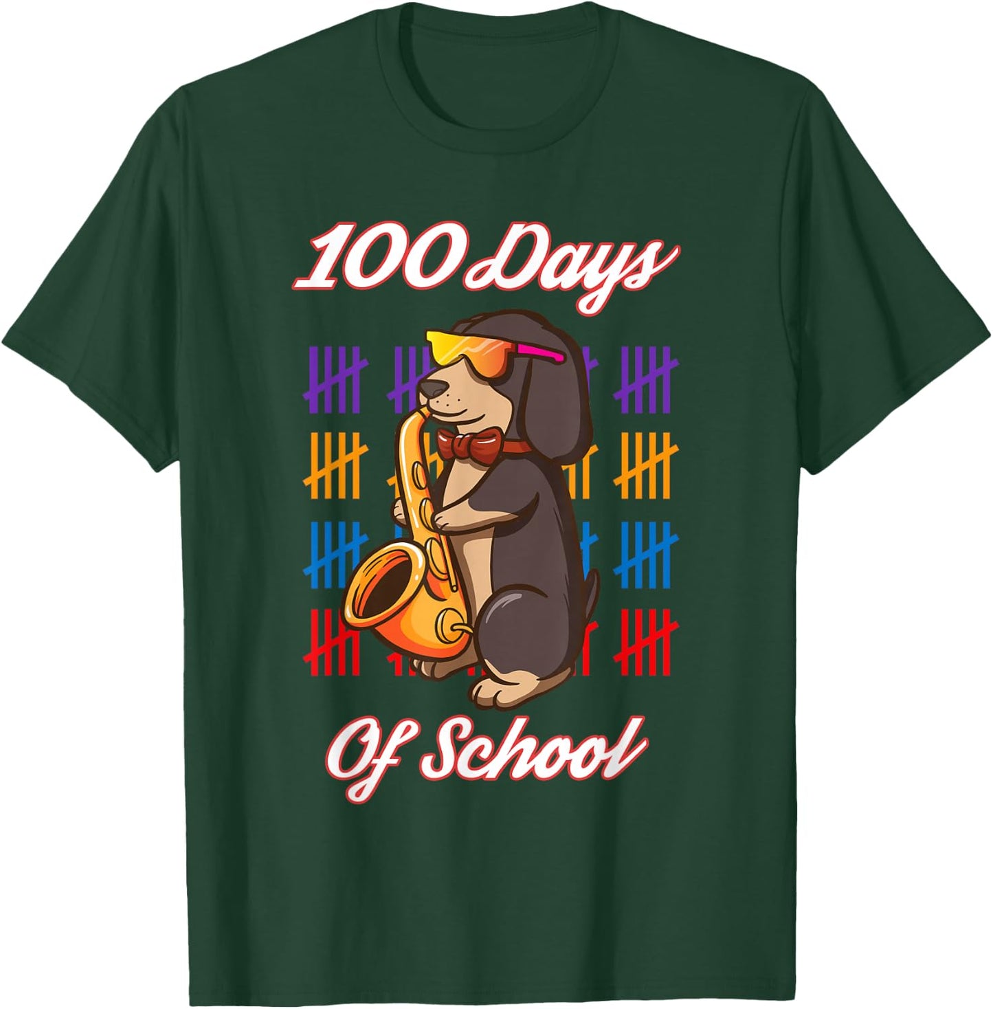 Happy 100 Days Of School For Boys Girls Dachshund Saxophone T-Shirt - T-Shirt | Forest