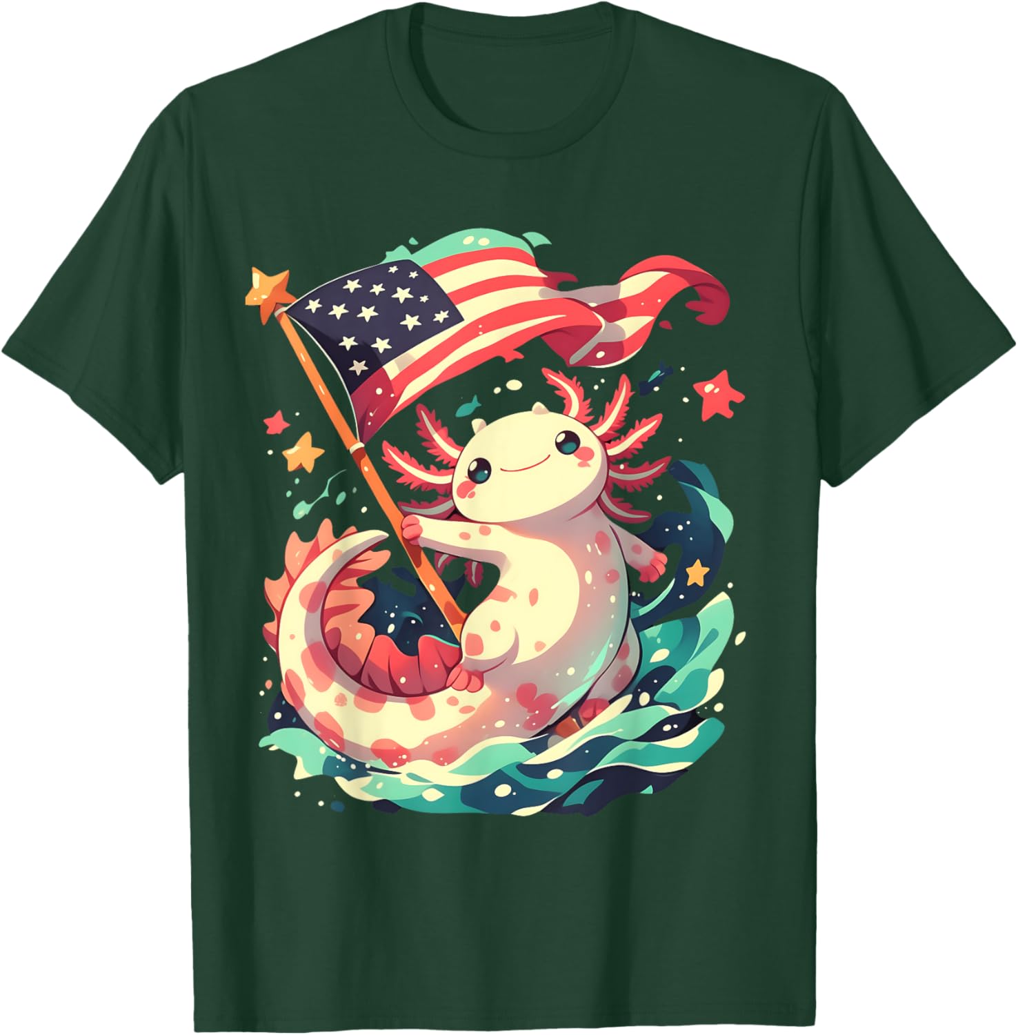 Axolotl American Flag T-Shirt - T-Shirt | Forest