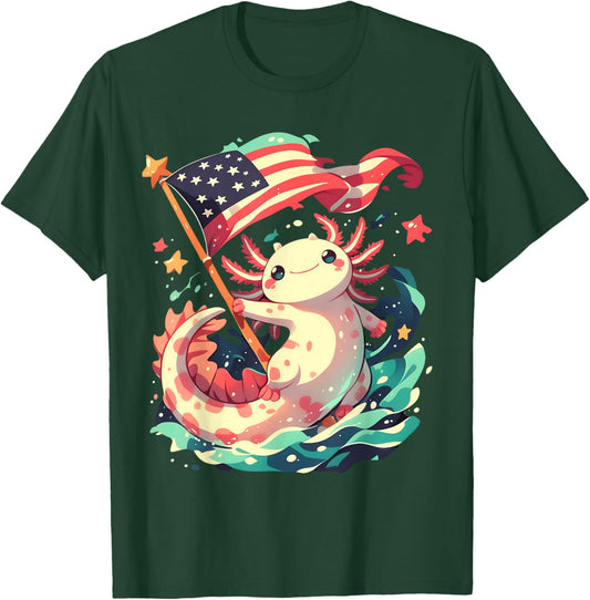 Axolotl American Flag T-Shirt - T-Shirt | Forest