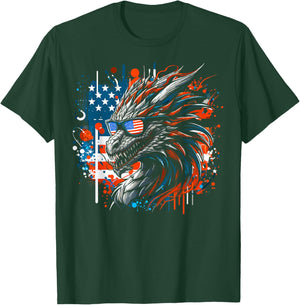 4th of July Patriotic Dragon Fantasy Blue & Red Dragon USA T-Shirt - T-Shirt | Forest