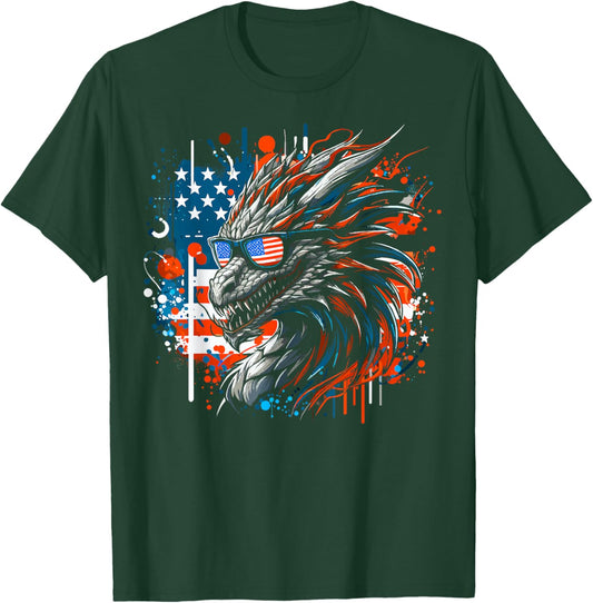 4th of July Patriotic Dragon Fantasy Blue & Red Dragon USA T-Shirt - T-Shirt | Forest