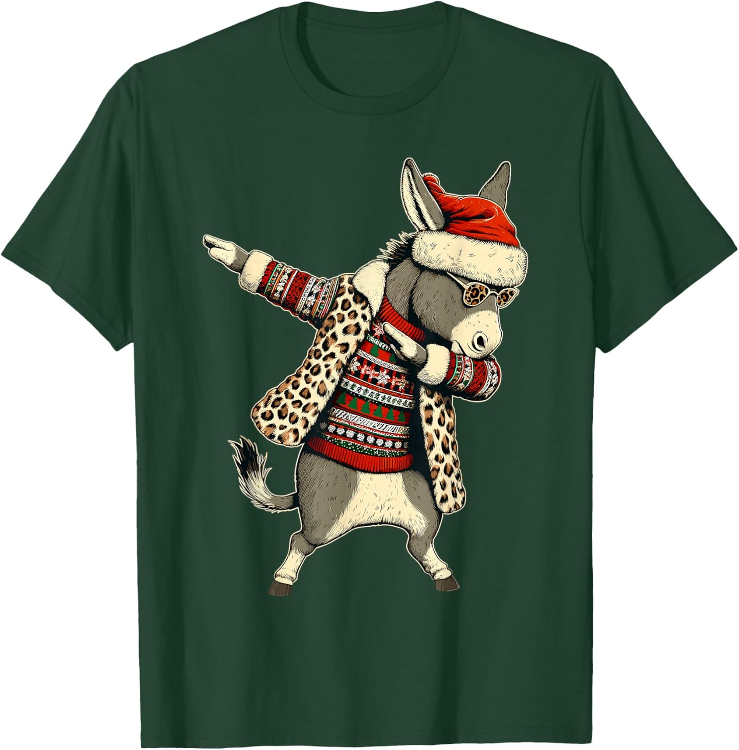 Donkey Leopard Print Dabbing Santa Hat Christmas Pajama Love T-Shirt - T-Shirt | Forest