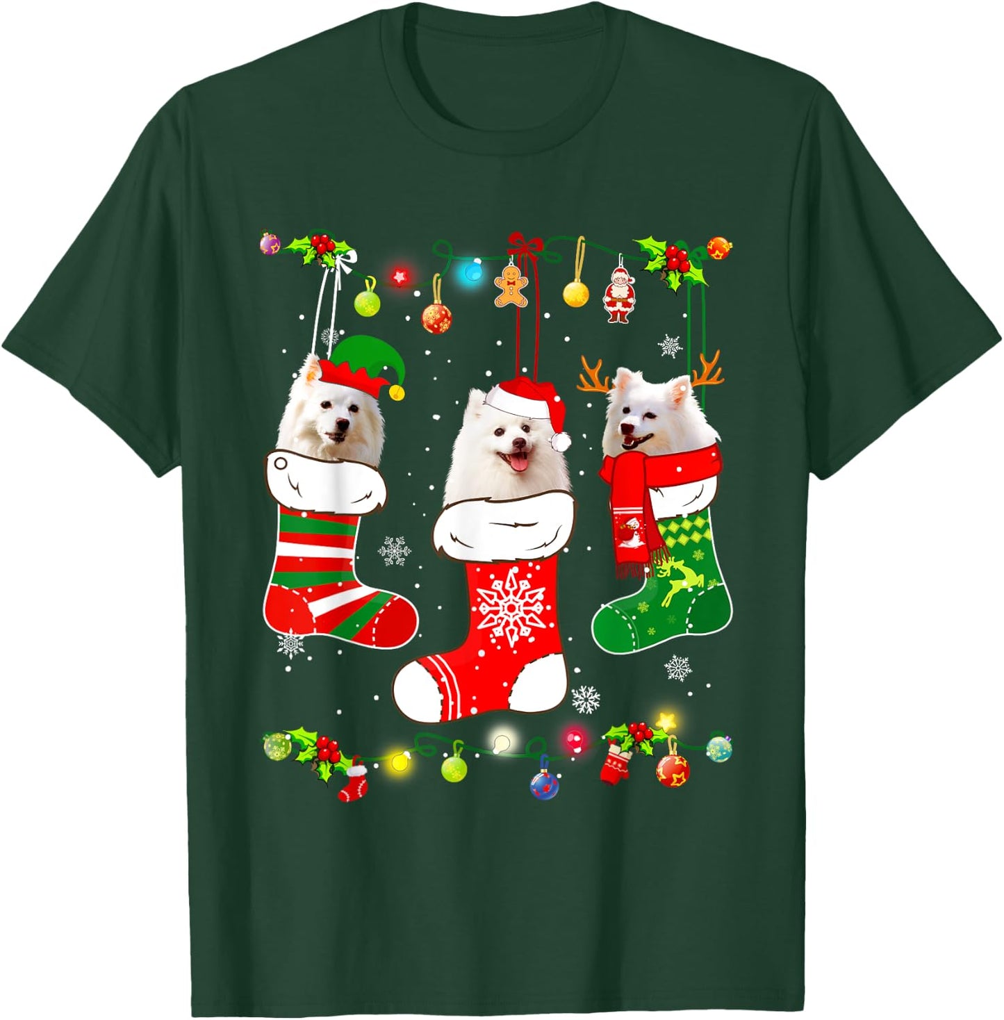 American Eskimo Christmas Lights Funny Puppy Xmas Dog Lover T-Shirt - T-Shirt | Forest