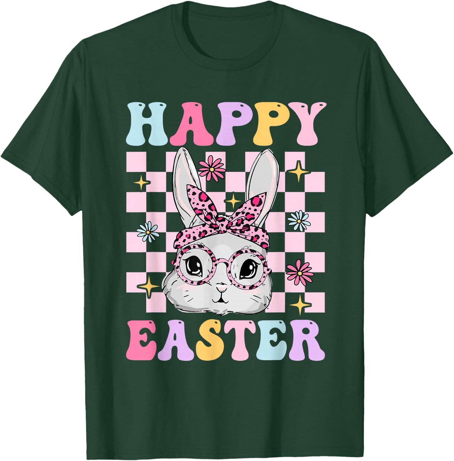 Retro Groovy Happy Easter Bunny Checkered Girl Kid T-Shirt - T-Shirt | Forest