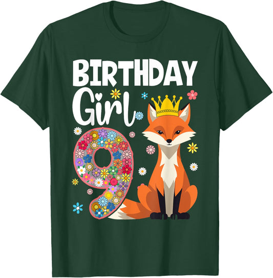 Fox Animal Lovers 9th Birthday Girl Fox B-day 9 year old T-Shirt - T-Shirt | Forest