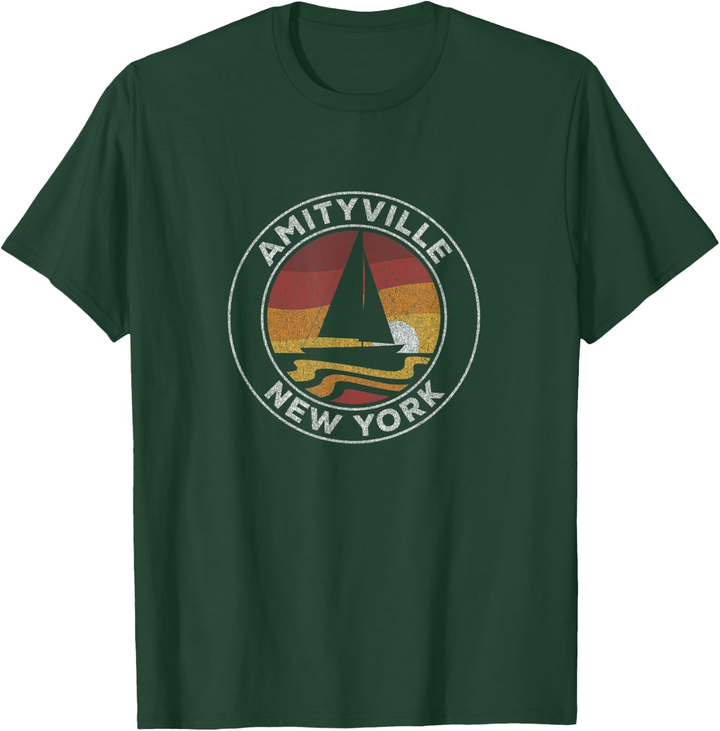 Amityville New York Vintage Sailboat 70s Retro Sunset T-Shirt - T-Shirt | Forest