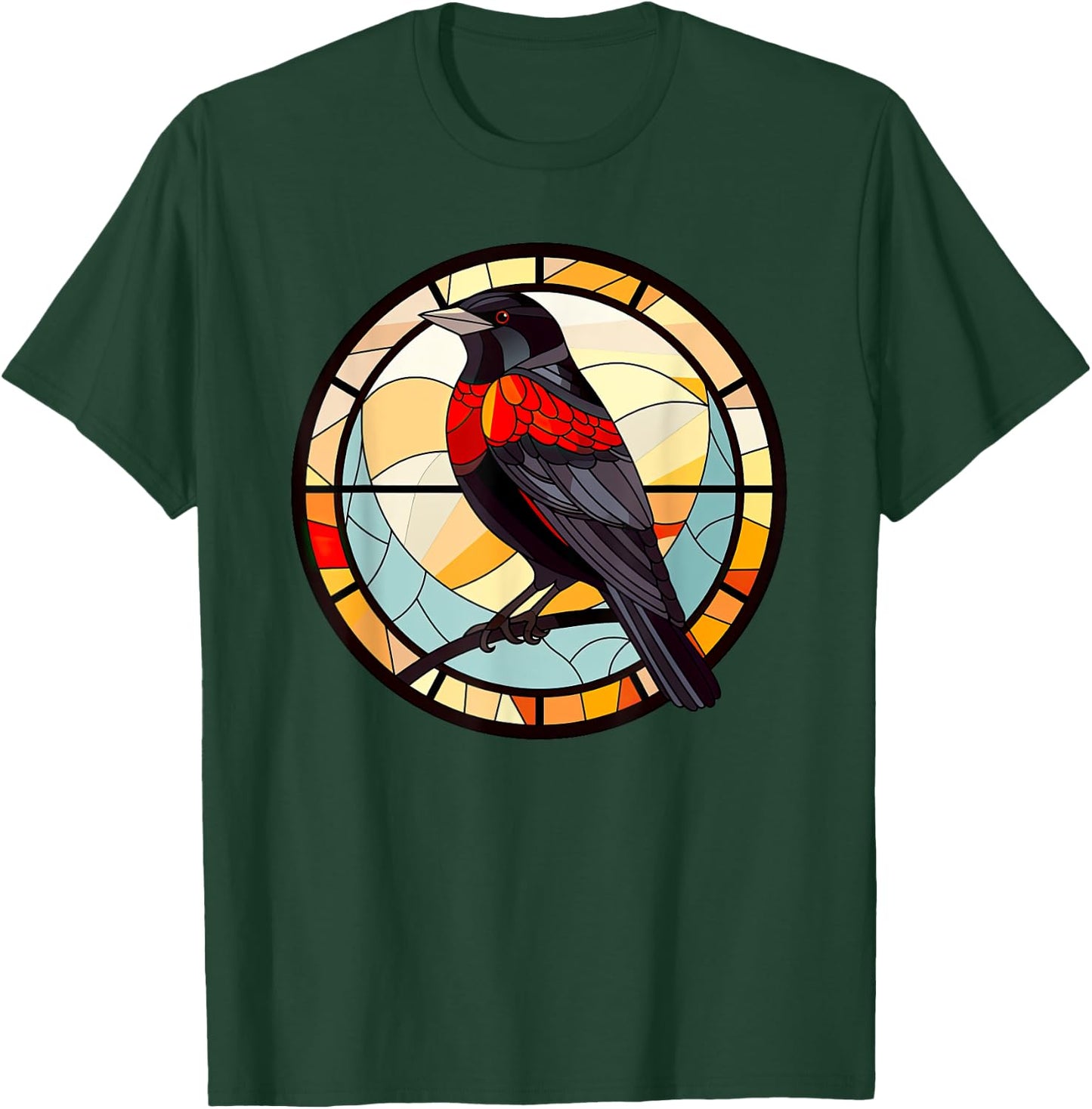 Red Winged Blackbird StainedGlass Red-Winged Blackbird Lover T-Shirt - T-Shirt | Forest
