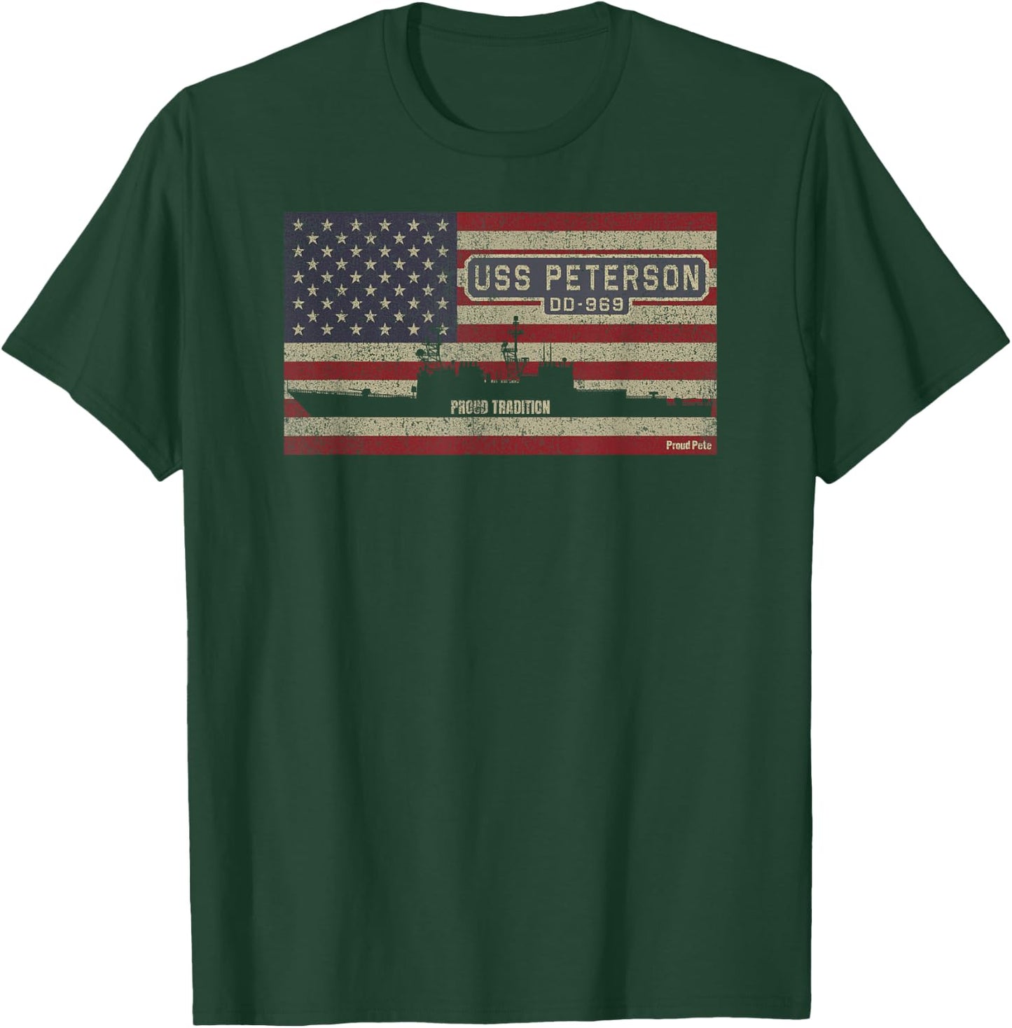 USS Peterson DD-969 Destroyer Ship USA American Flag T-Shirt - T-Shirt | Forest