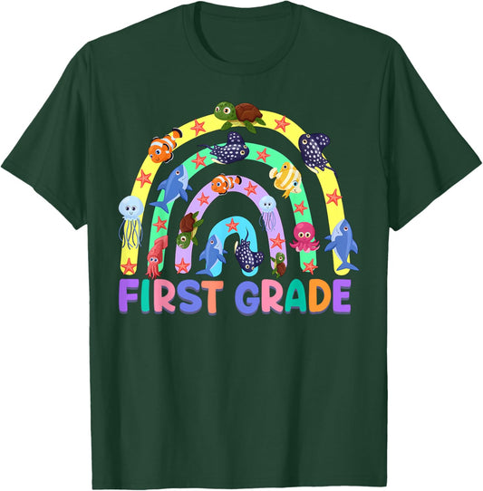 1St Grade Teacher Rainbow Ocean Animal First Grade Men Women Kids T-Shirt - T-Shirt | Forest