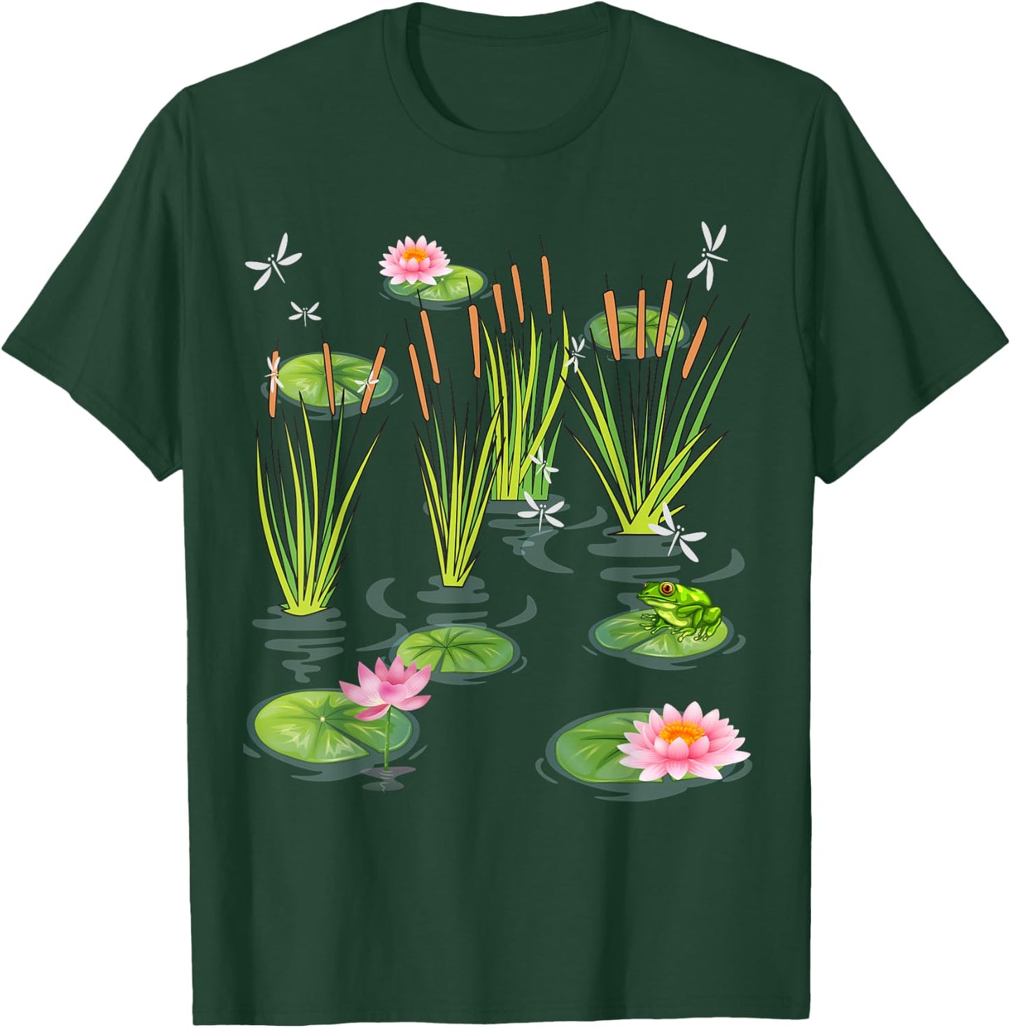 Water Lily Dragonflies with Frog on Lily Leaf Cattails T-Shirt - T-Shirt | Forest