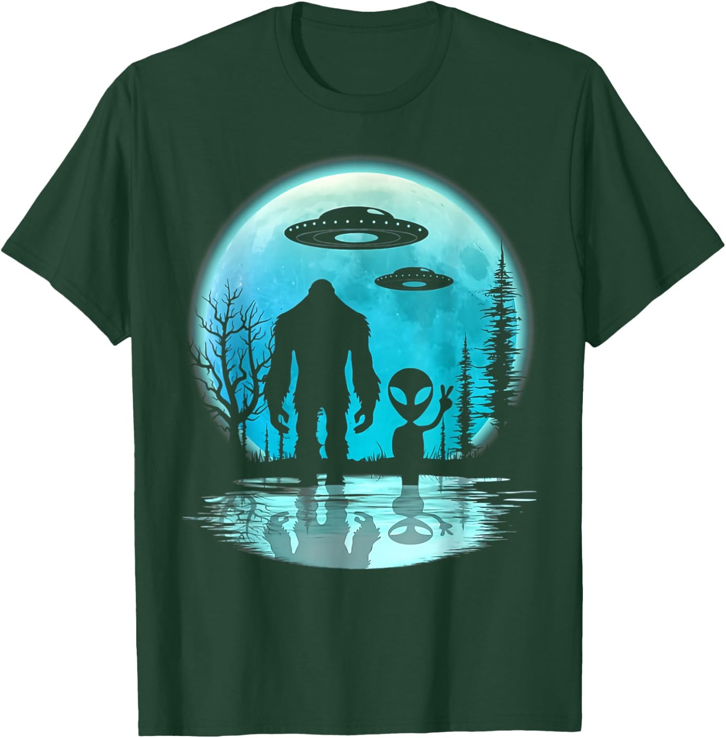 Alien And Bigfoot Moon T-Shirt - T-Shirt | Forest