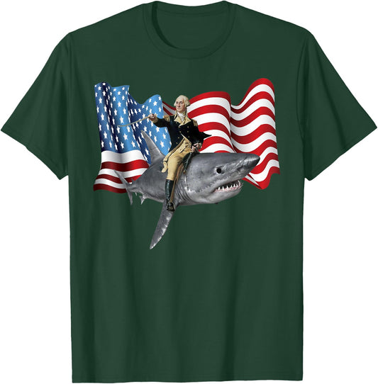 4th of July Washington Riding A Shark Patriotic Gift T-Shirt - T-Shirt | Forest