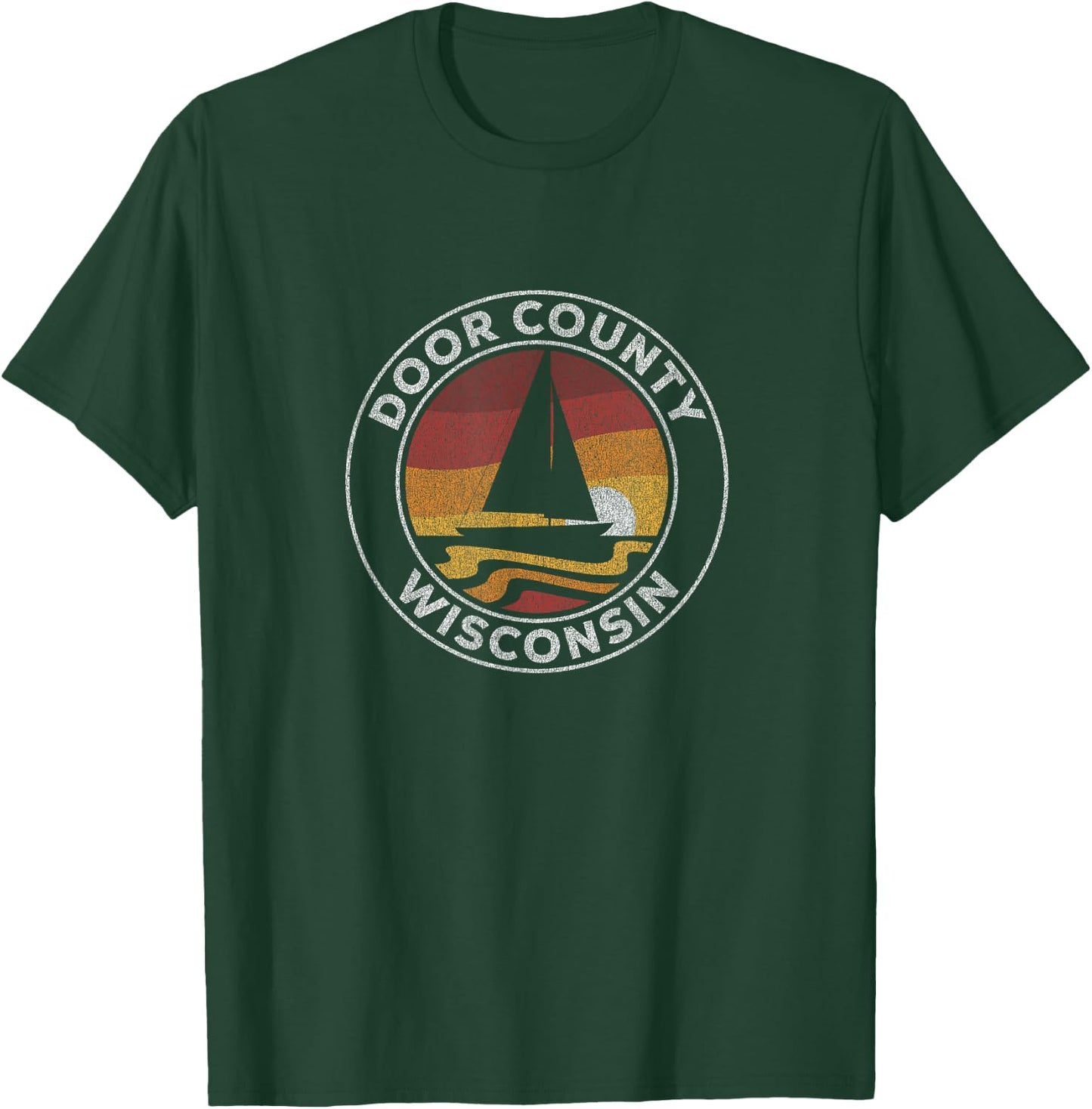 Door County Wisconsin Vintage Sailboat 70s Retro Sunset T-Shirt - T-Shirt | Forest