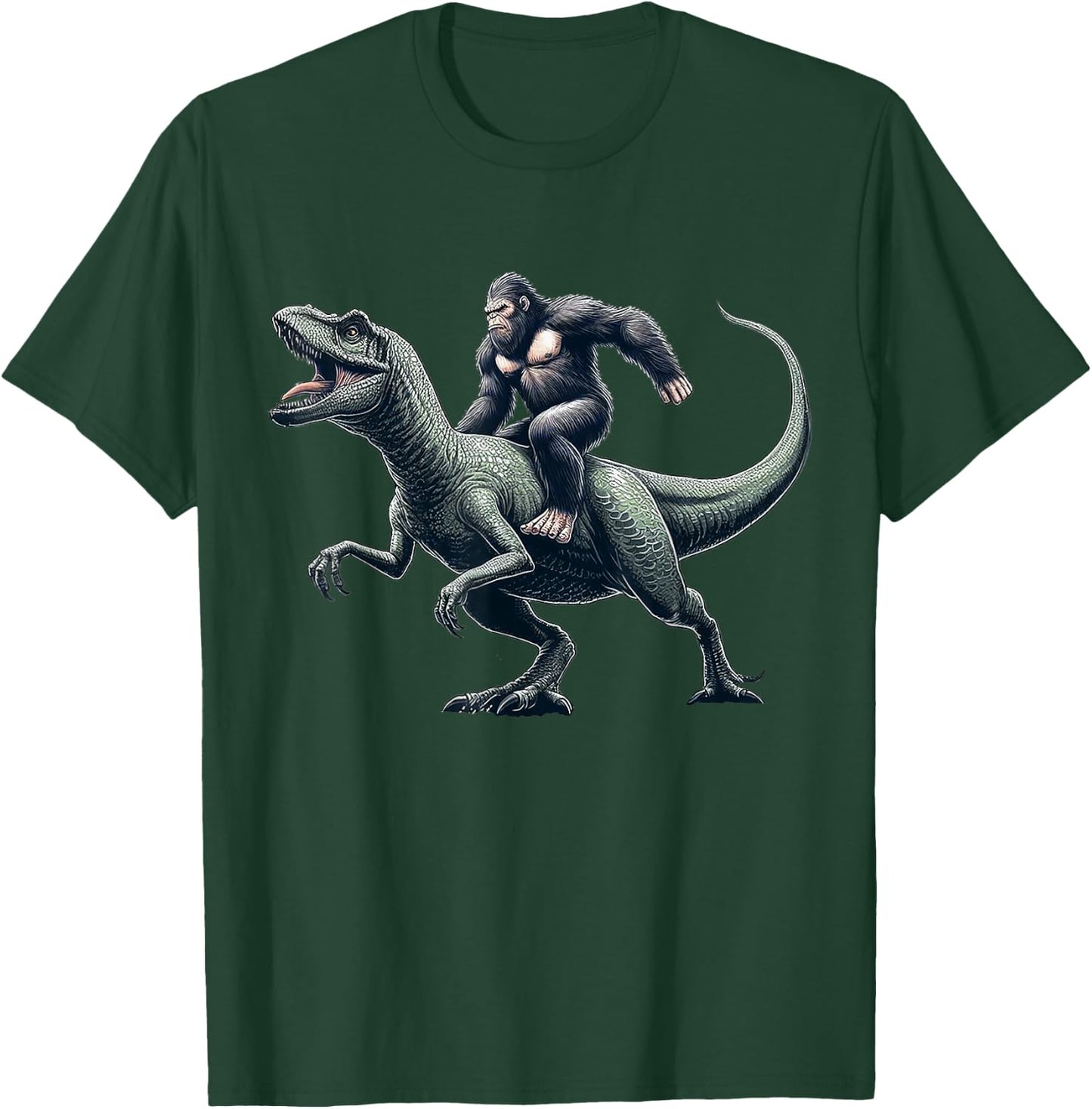 Bigfoot Riding Dinosaur T Rex Funny Gift Women Boys T-Shirt - T-Shirt | Forest