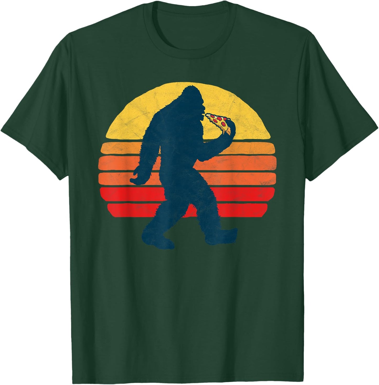 Sasquatch and Pizza! Funny Eating Bigfoot & 80s Sun Graphic T-Shirt - T-Shirt | Forest