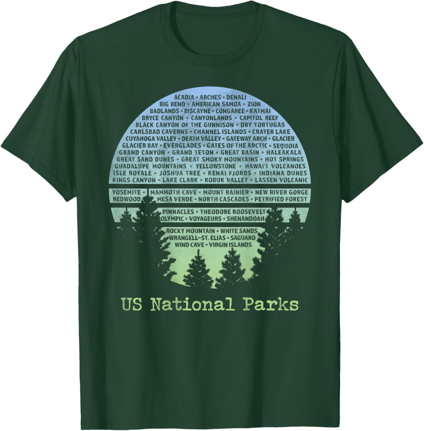 US National Parks List Word Cloud Art Design on Back T-Shirt - T-Shirt | Forest