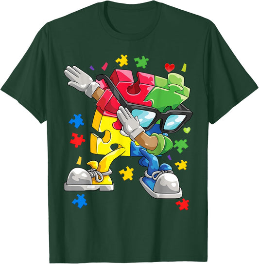Autism Awareness Dabbing Puzzle Piece Kids Gift Boys 2024 T-Shirt - T-Shirt | Forest