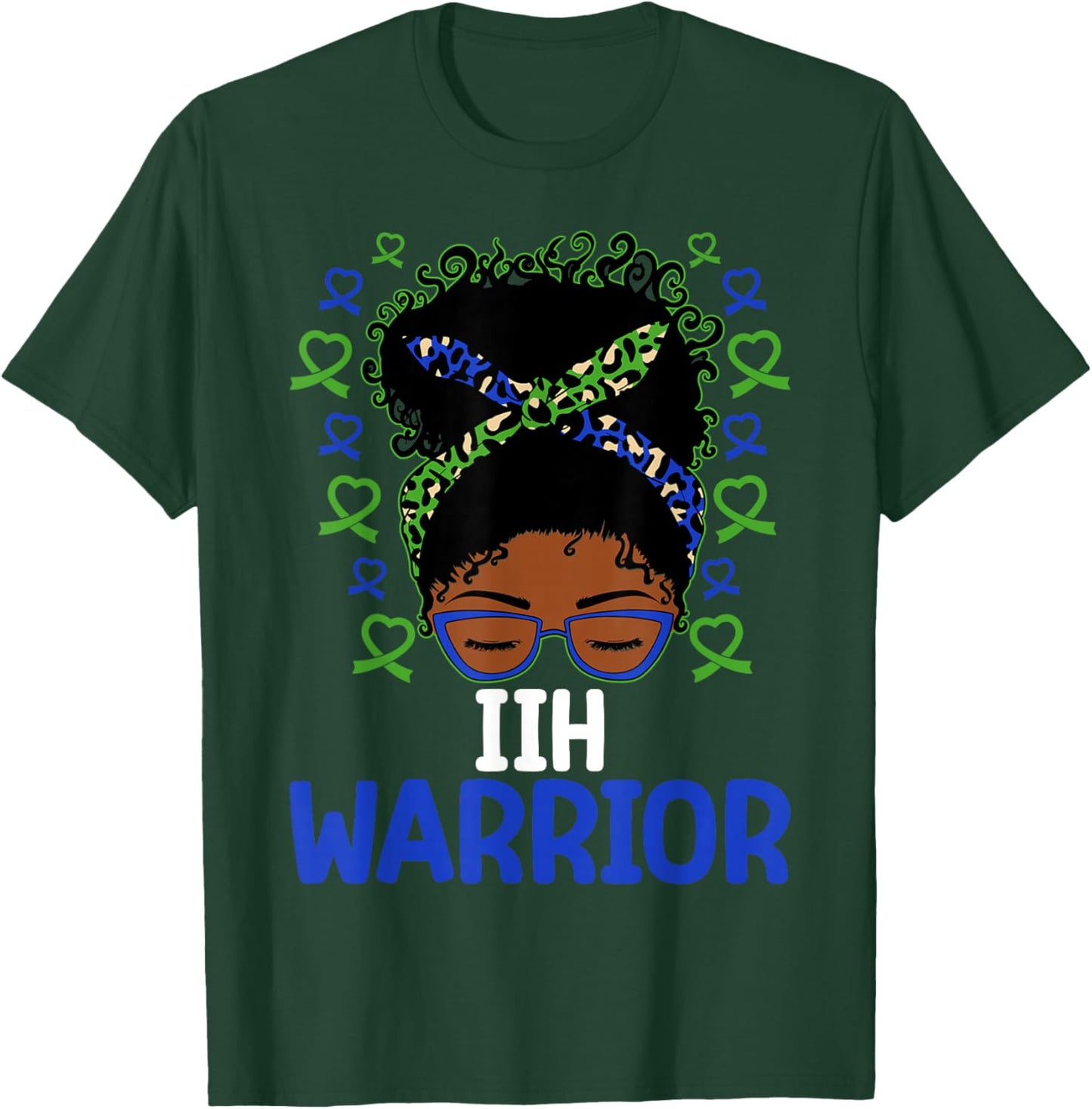 IIH Awareness IIH Warrior Afro Messy Bun T-Shirt - T-Shirt | Forest