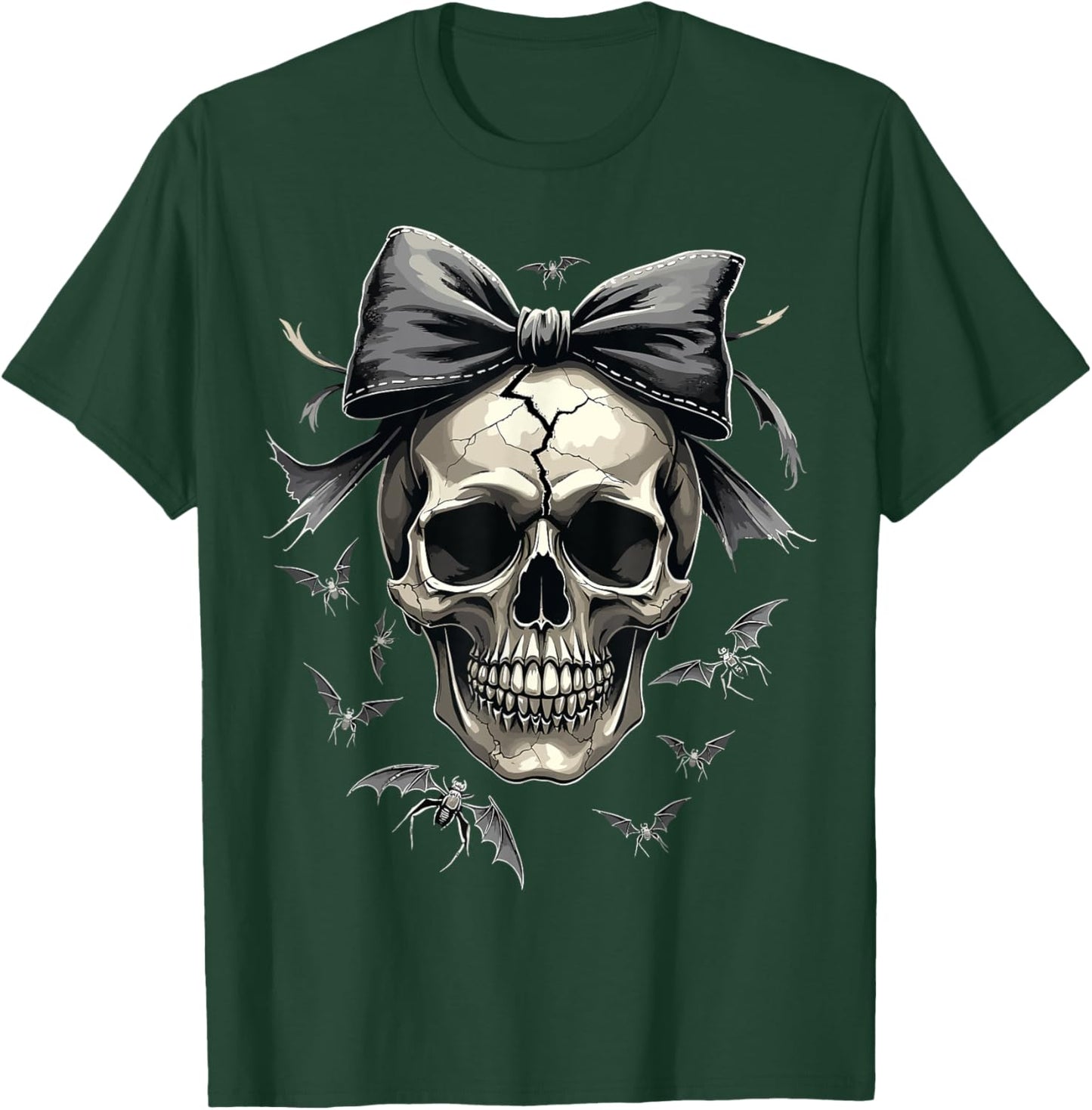 Coquette Skull with Bow and Bats Spooky Halloween T-Shirt - T-Shirt | Forest