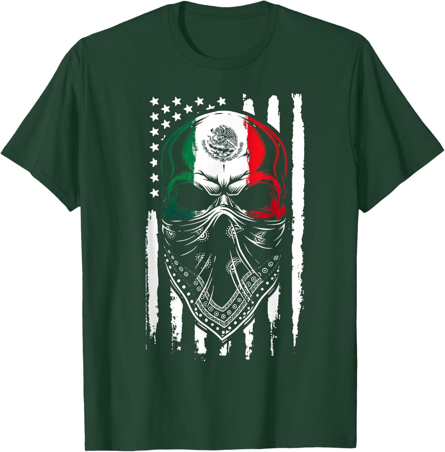 Skull Patriotic Mexican American Aztec Day of The Dead T-Shirt - T-Shirt | Forest