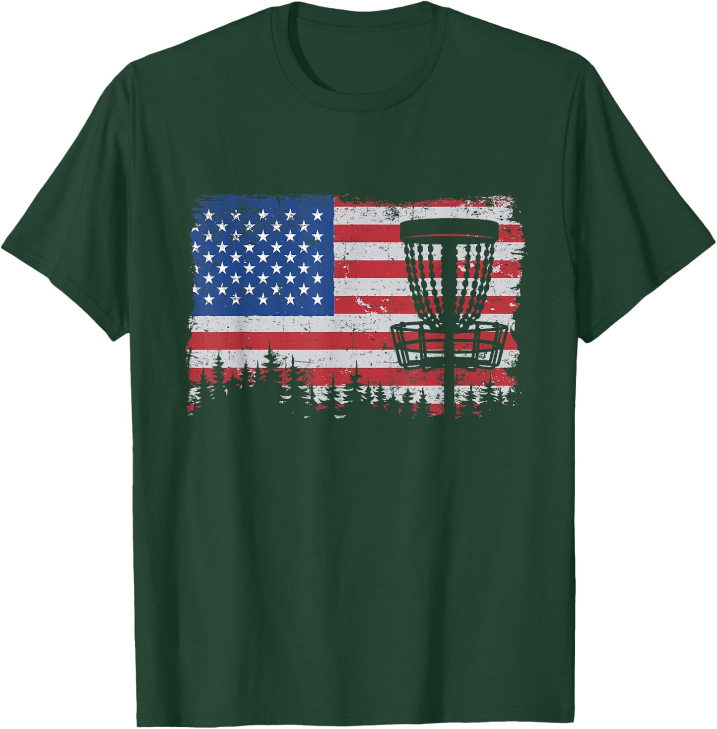 US American Flag Disc Golf Basket Frisbee Vintage Disc Golf T-Shirt - T-Shirt | Forest