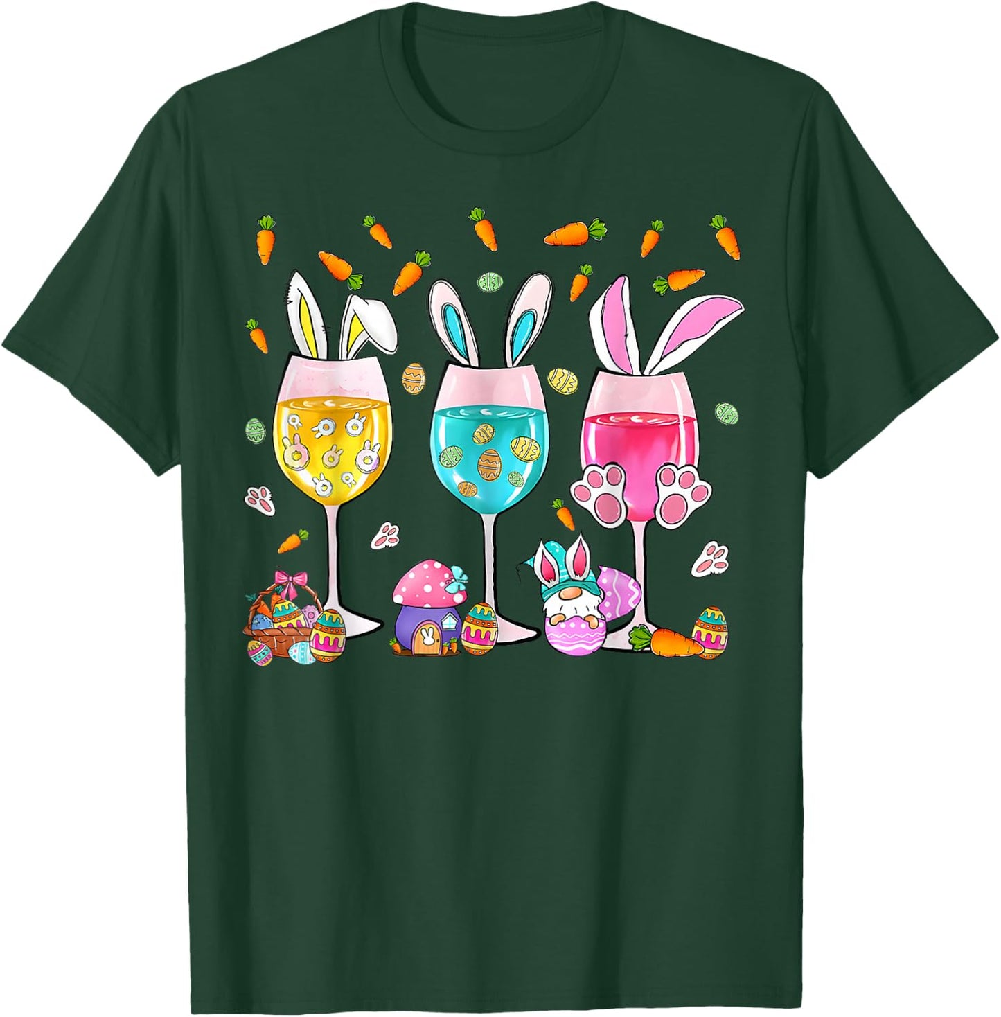Funny Wine Glasses Bunny with Egg Basket Spring Easter Women T-Shirt - T-Shirt | Forest