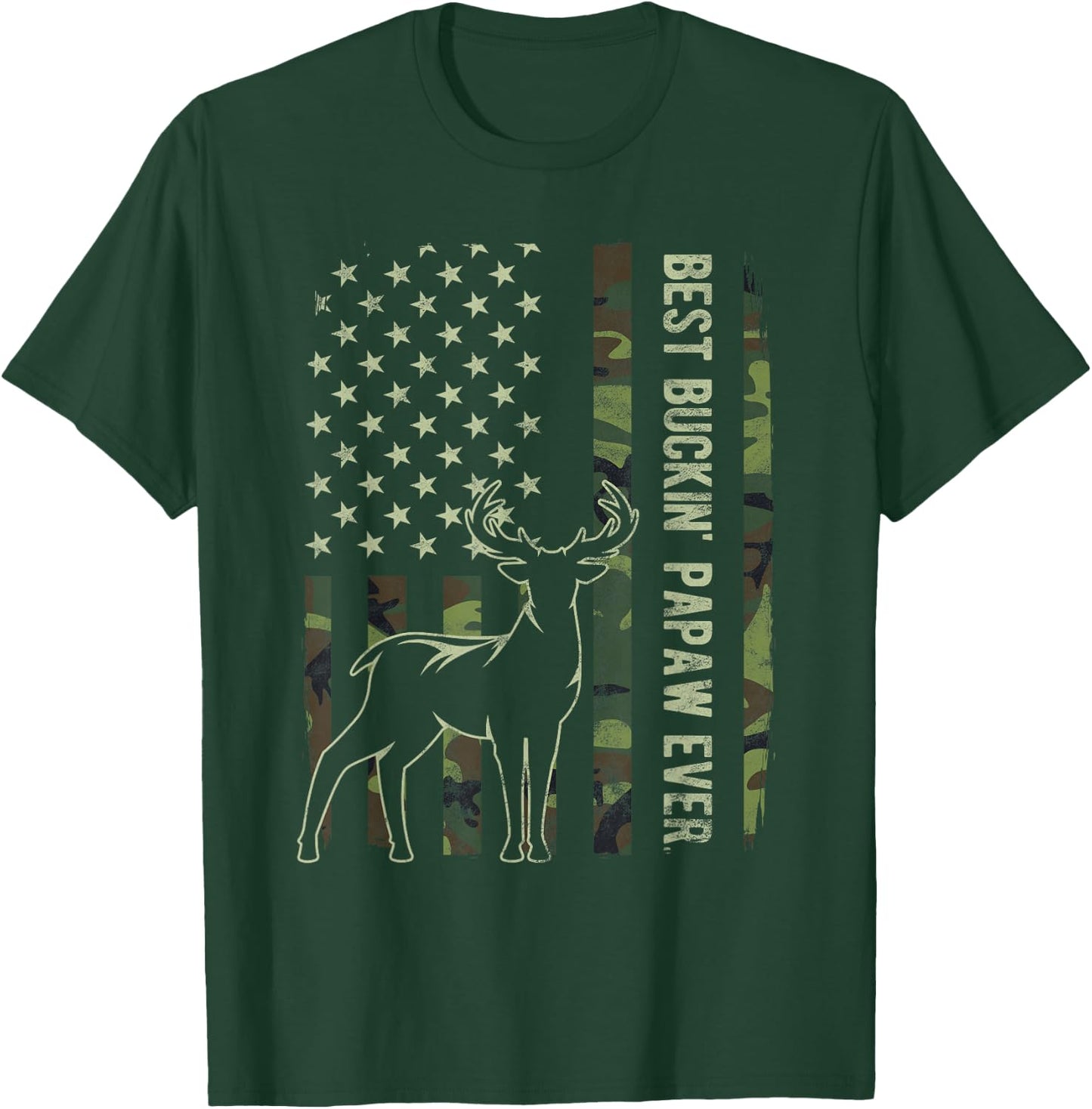 Best Buckin' Papaw Camo American Flag Deer Hunting Gift T-Shirt - T-Shirt | Forest
