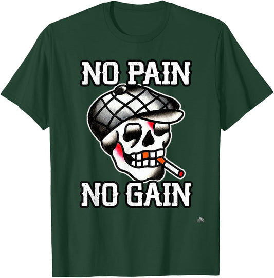 No Pain No Gain Smoking Tattoo Skull T-Shirt - T-Shirt | Forest
