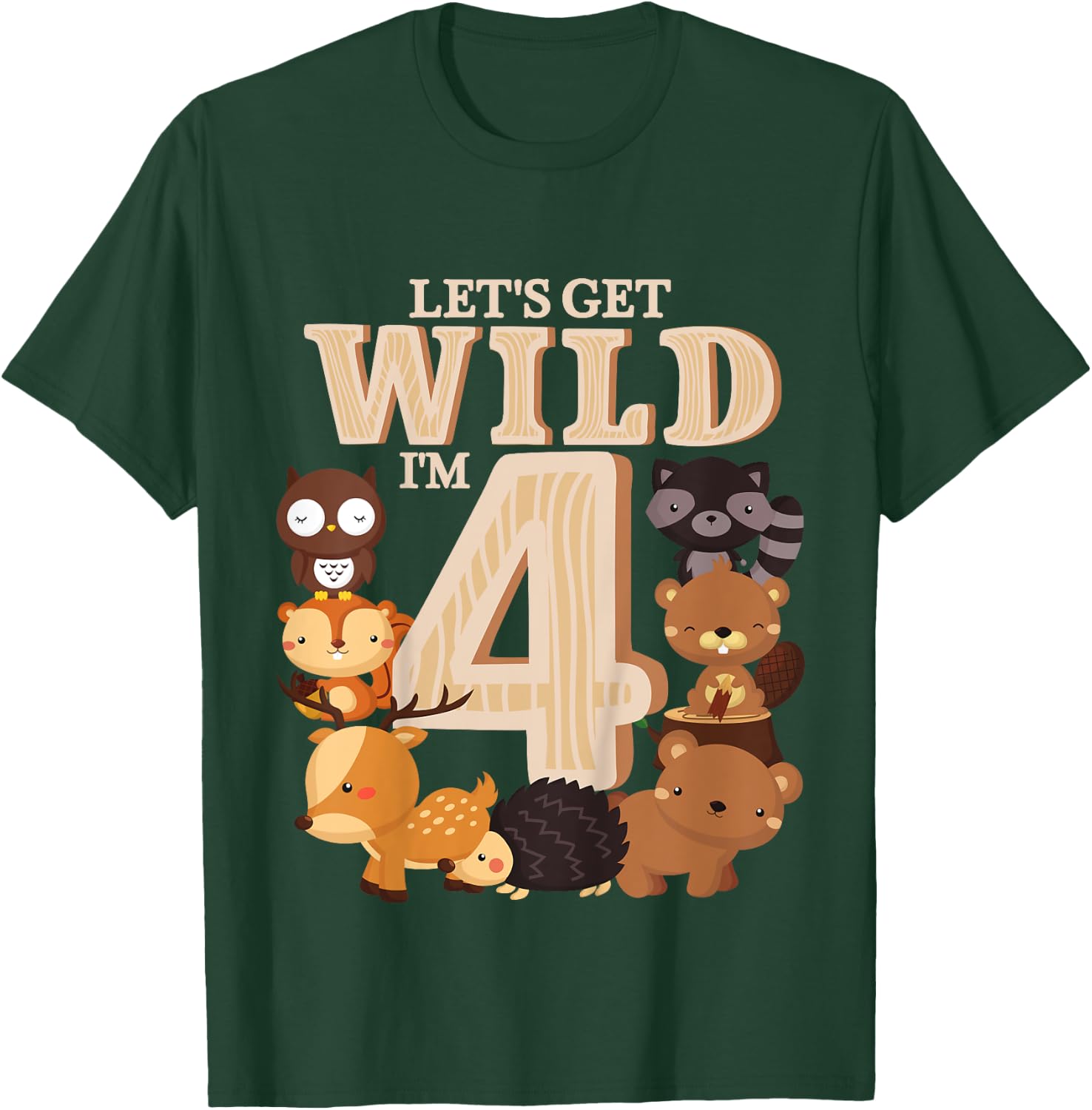 4 Year Old Woodland Animals Birthday Wild Forest 4th Gift T-Shirt - T-Shirt | Forest