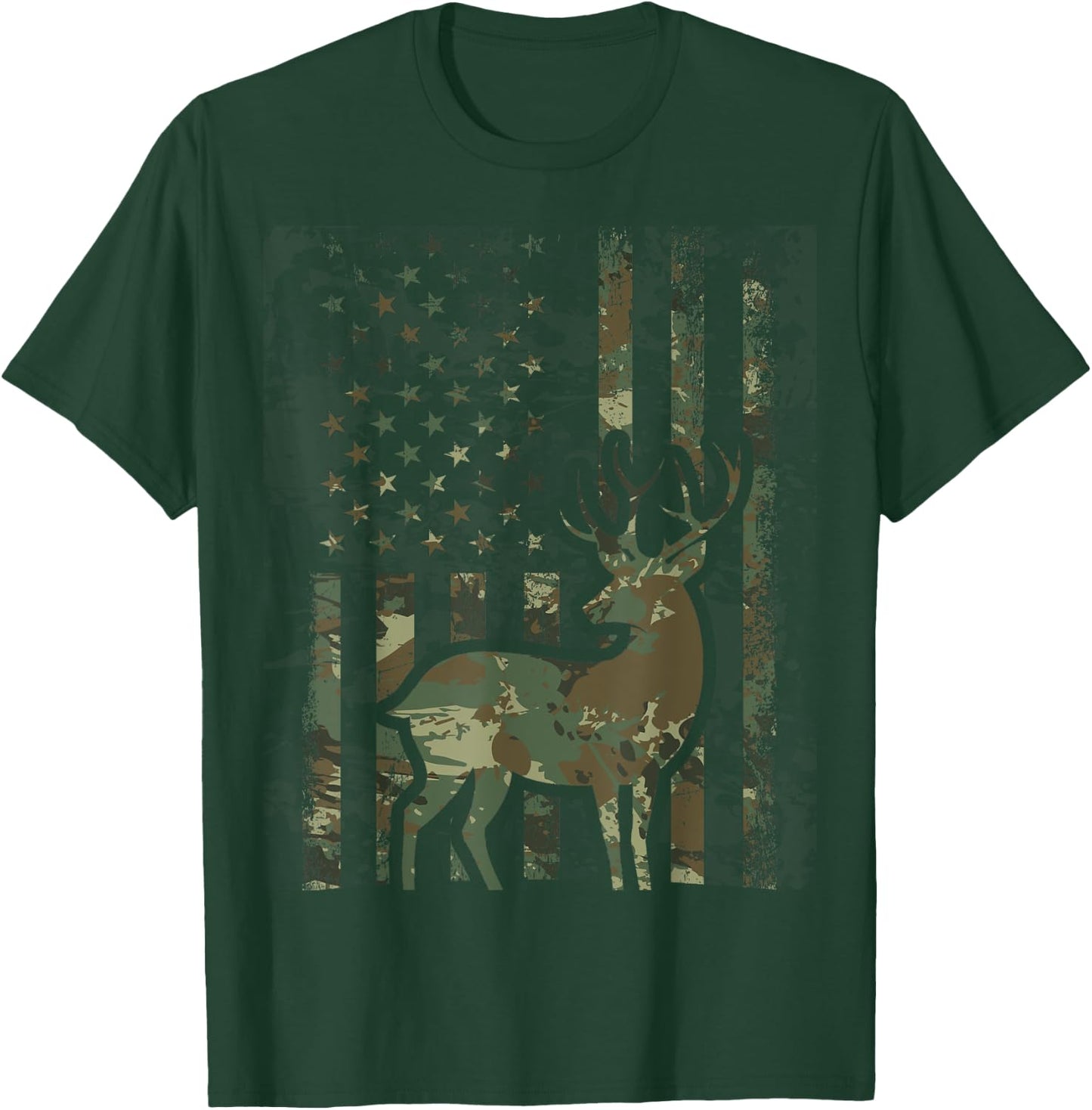 Camo American Flag Buck Hunting Gift Deer Hunter T-Shirt - T-Shirt | Forest
