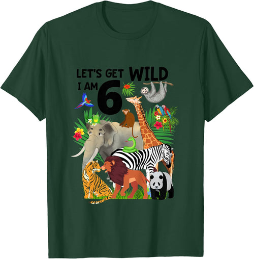 Kids Let's Get Wild I am 6 Zoo Birthday Animal Wildlife Safari