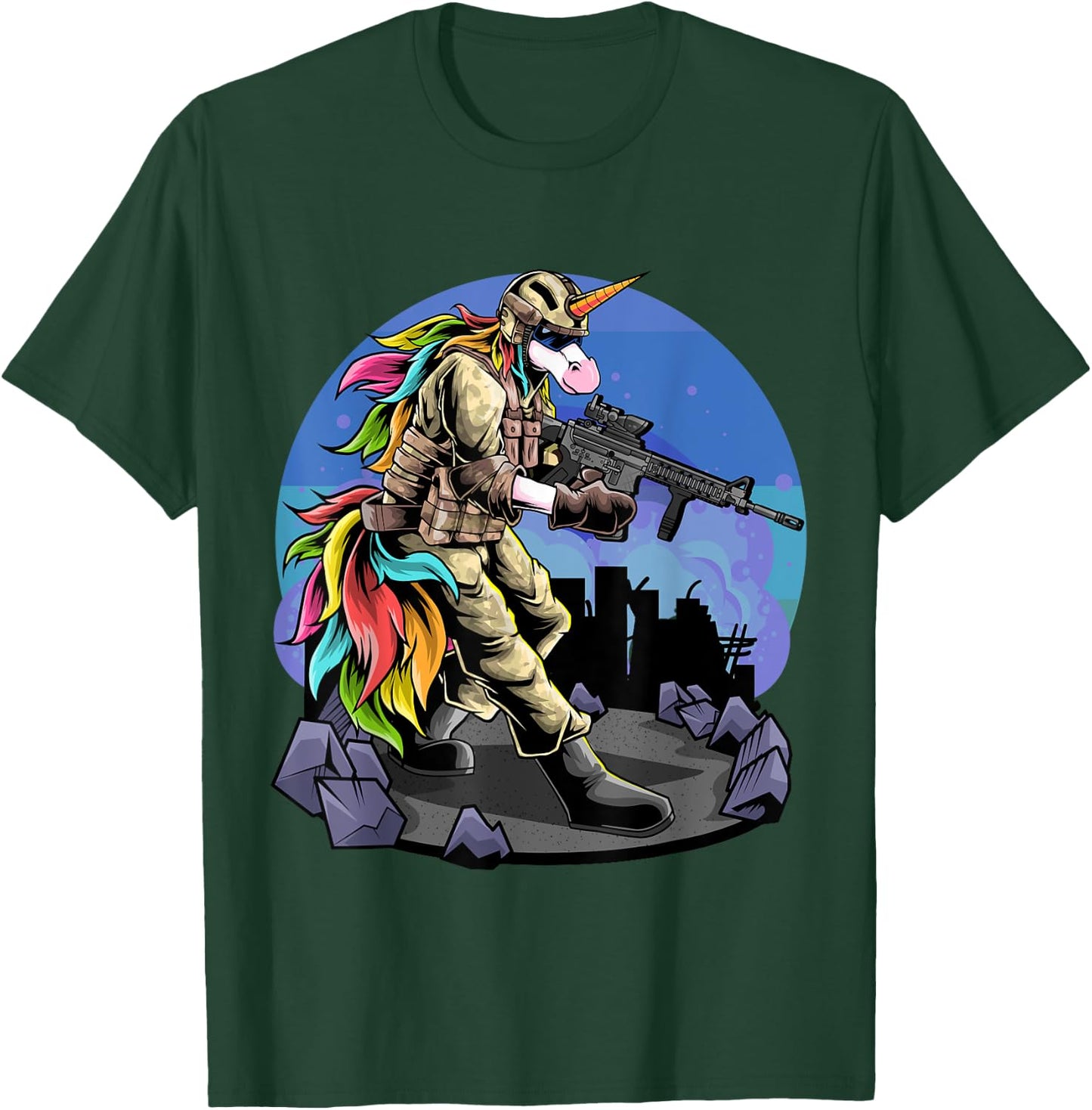 Unicorn Shooting A Gun I Unicorn Warrior I Soldier Unicorn T-Shirt - T-Shirt | Forest