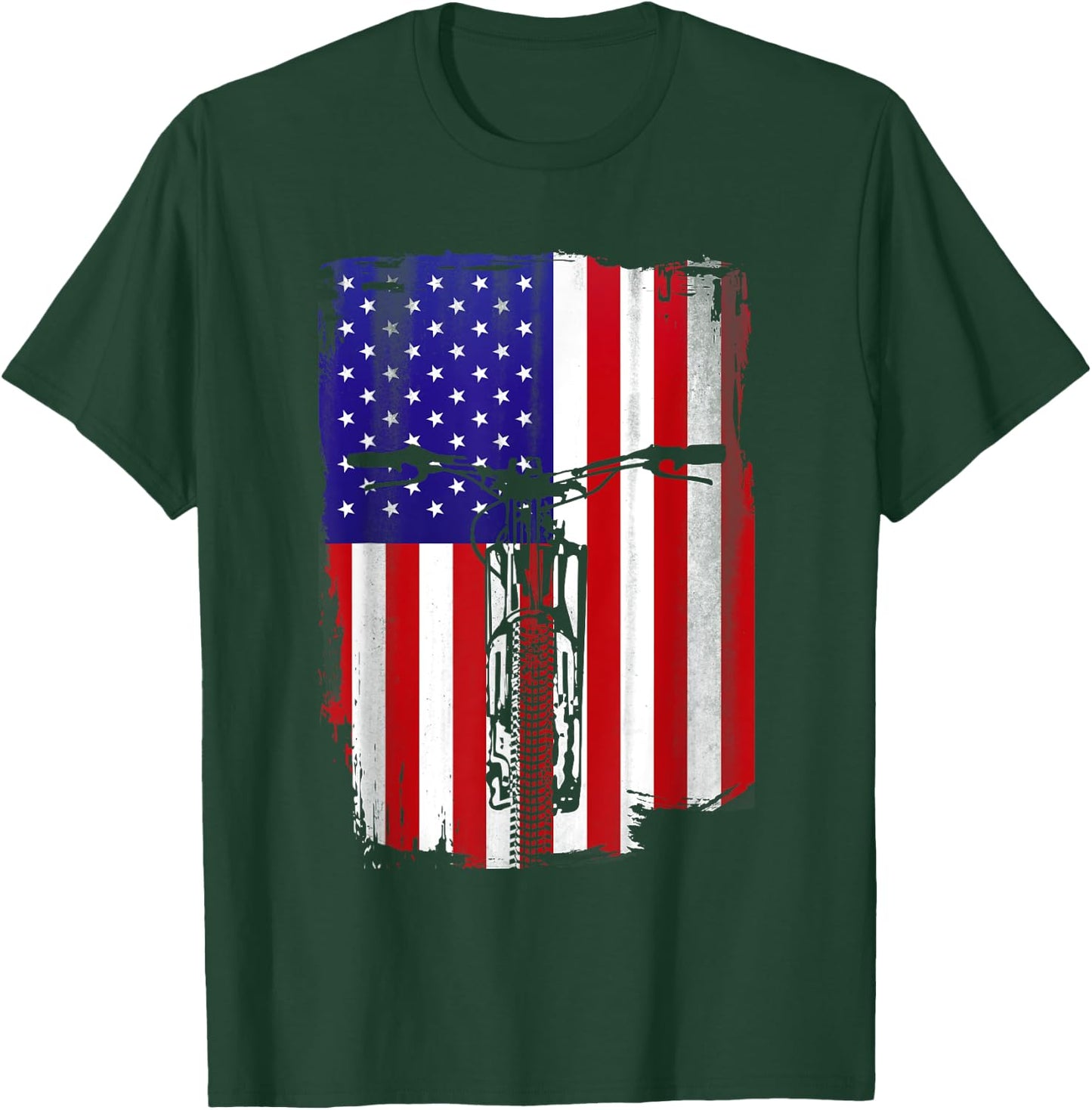 Mountain Biking American Flag Cycling USA Flag Mountain Bike Women Men T-Shirt - T-Shirt | Forest