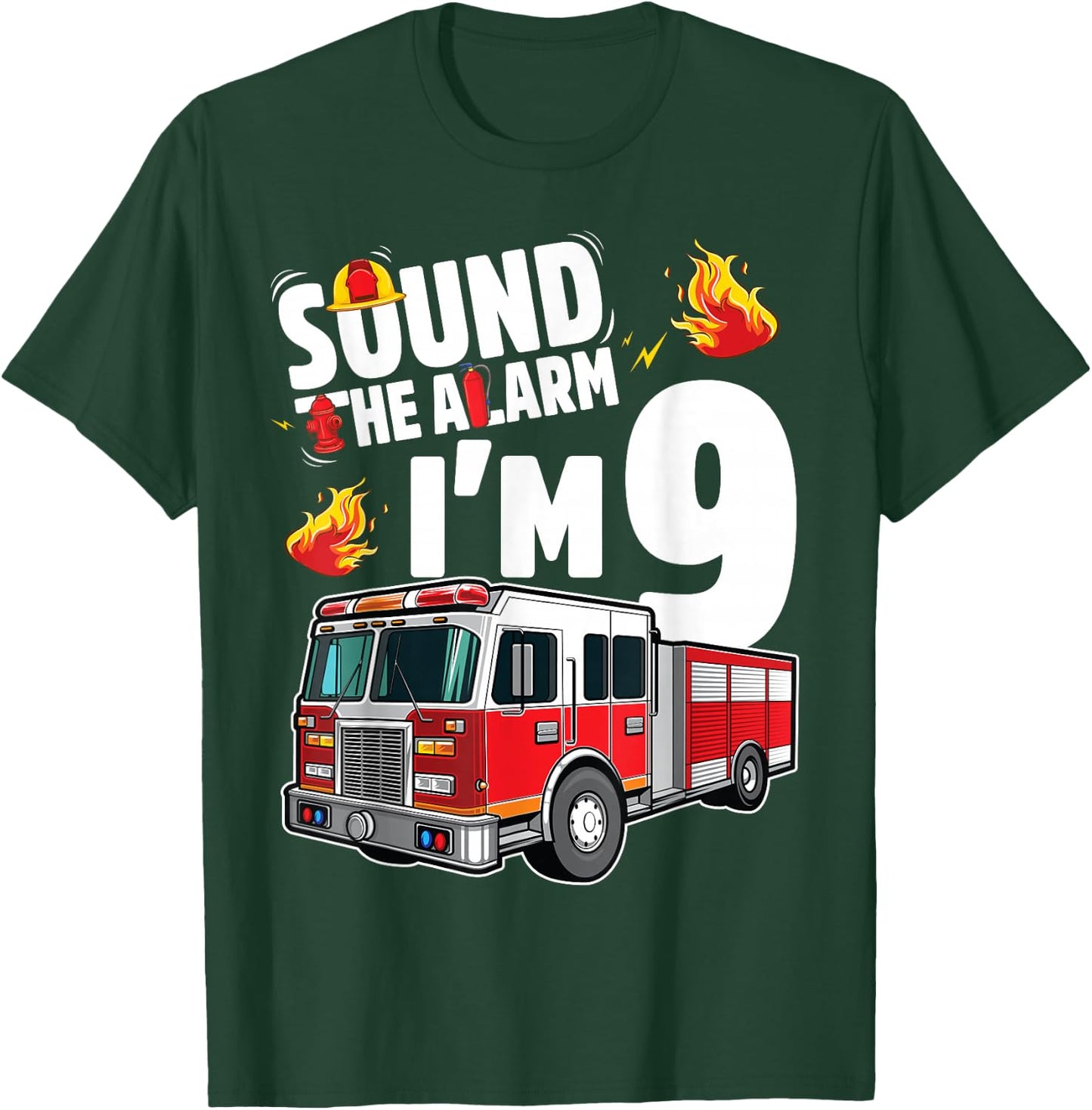 Fire Truck 9th Birthday Boy Firefighter 9 Year Old T-Shirt - T-Shirt | Forest