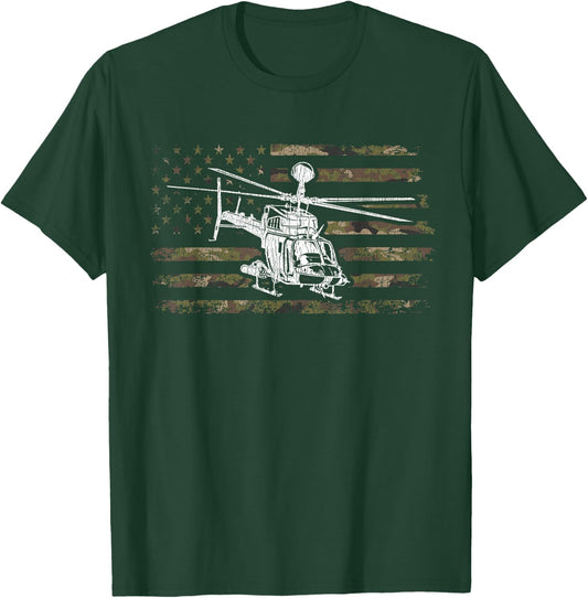 OH-58D Kiowa Warrior Helicopter Pilot Veteran Camo USA Flag T-Shirt - T-Shirt | Forest