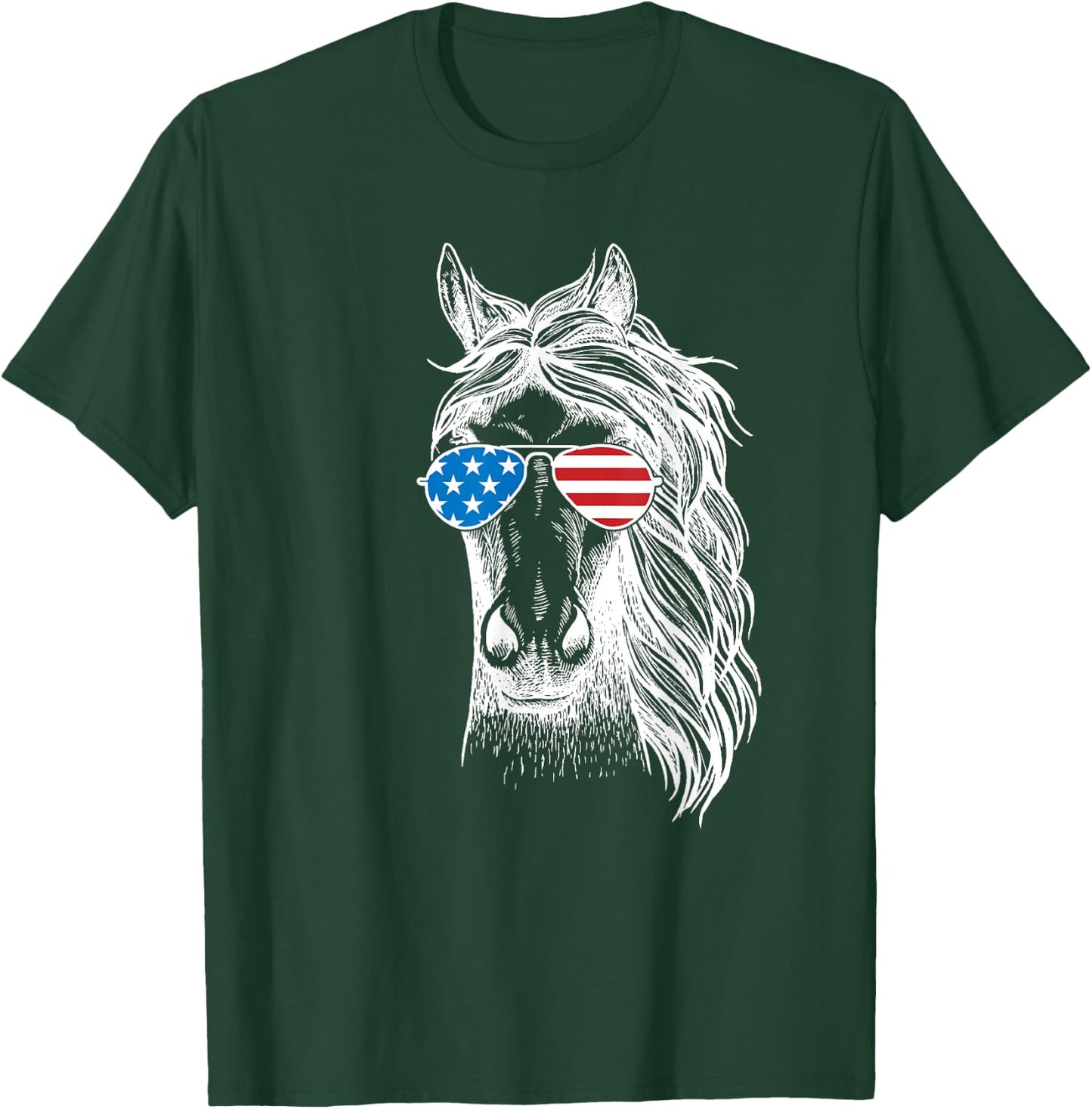 Funny Horse Patriotic USA Flag Aviator Sun Glasses Design Women Kids Men T-Shirt - T-Shirt | Forest