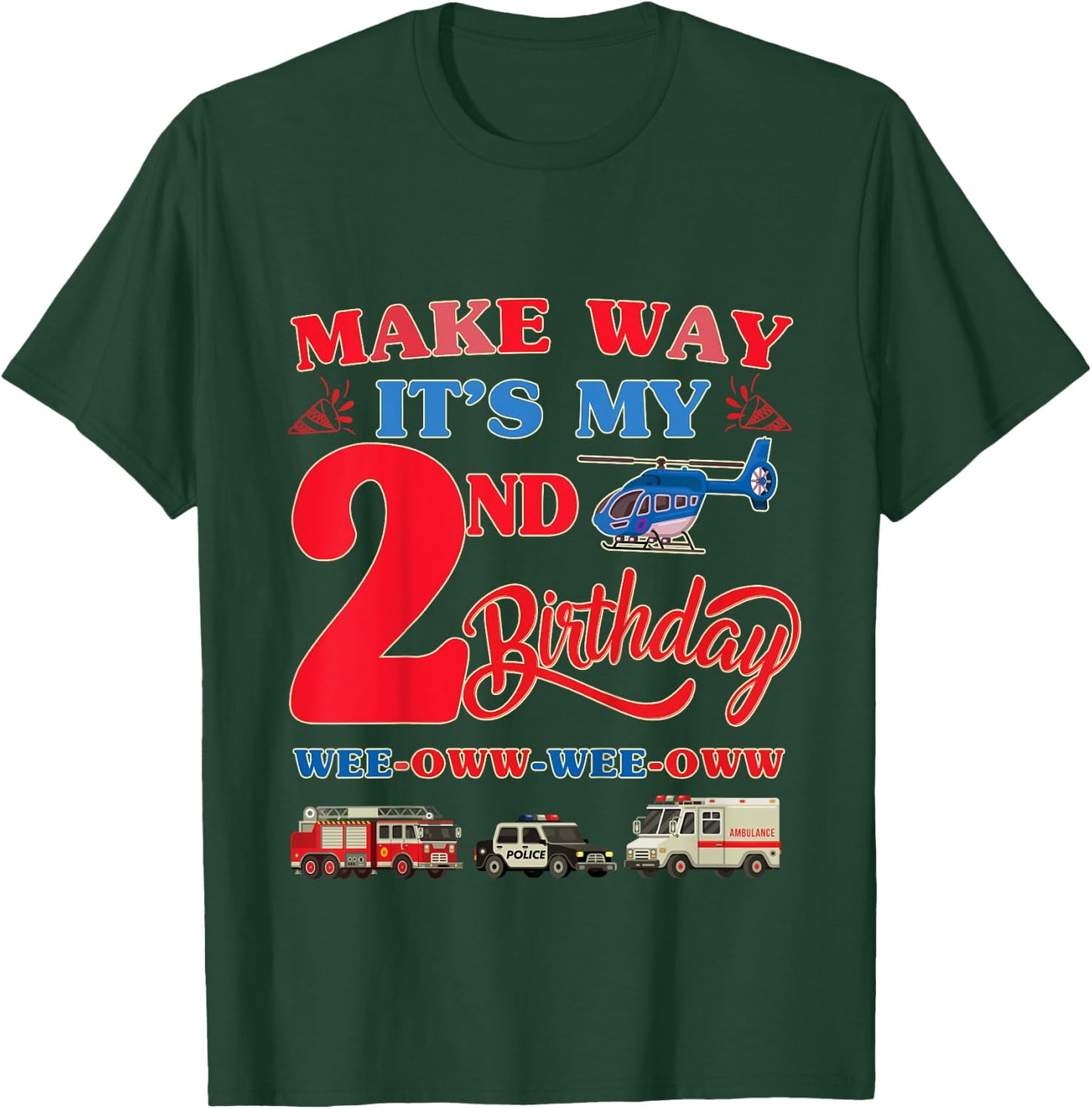 2nd birthday Rescue Vehicles Birthday theme 2 year old kids T-Shirt - T-Shirt | Forest