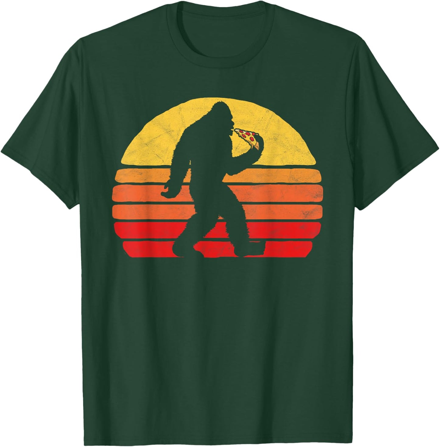 Sasquatch and Pizza! Funny Eating Bigfoot & 80s Sun Graphic T-Shirt - T-Shirt | Forest