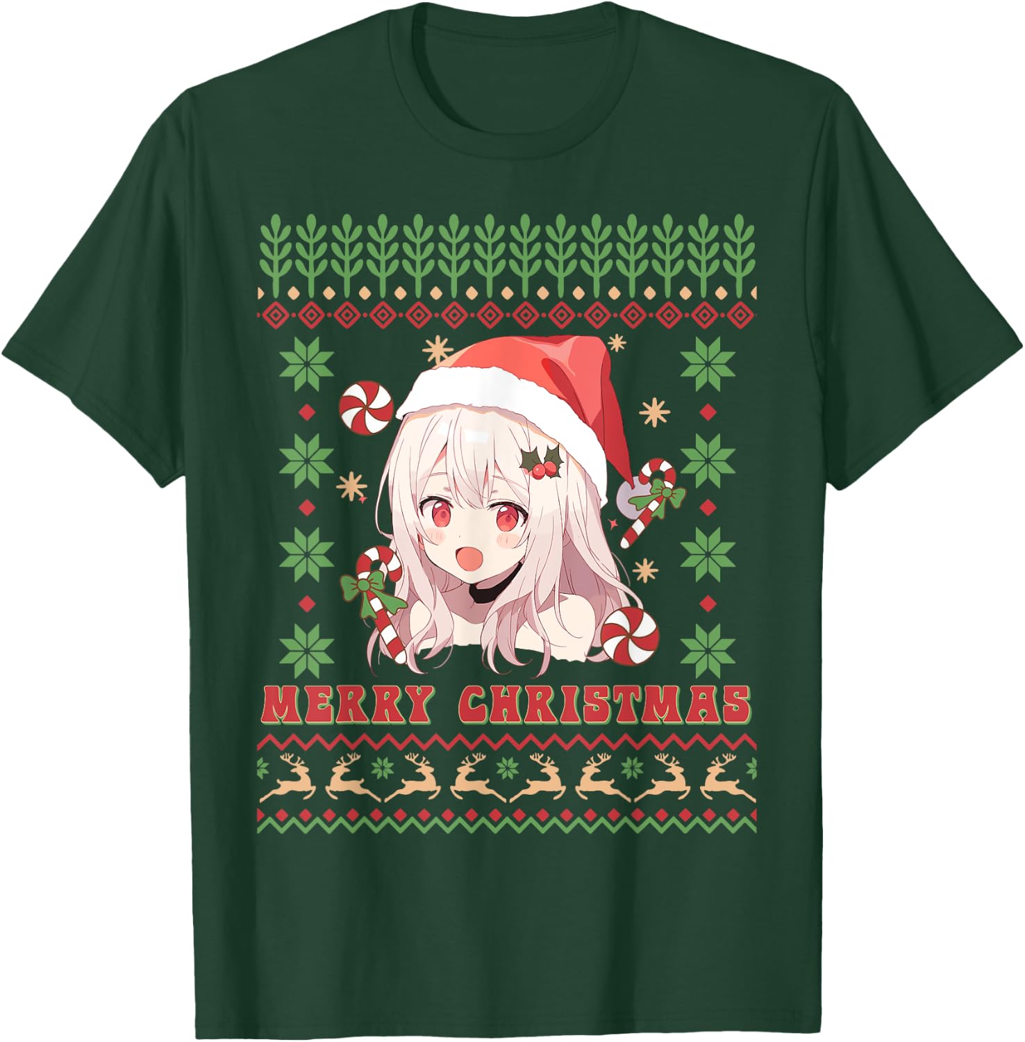Cute Anime Girl Santa Hat Otaku Ugly Sweater Merry Christmas T-Shirt - T-Shirt | Forest