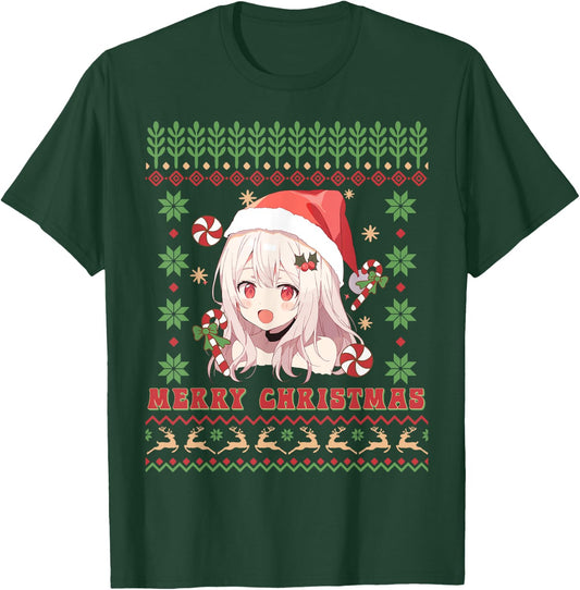 Cute Anime Girl Santa Hat Otaku Ugly Sweater Merry Christmas T-Shirt - T-Shirt | Forest