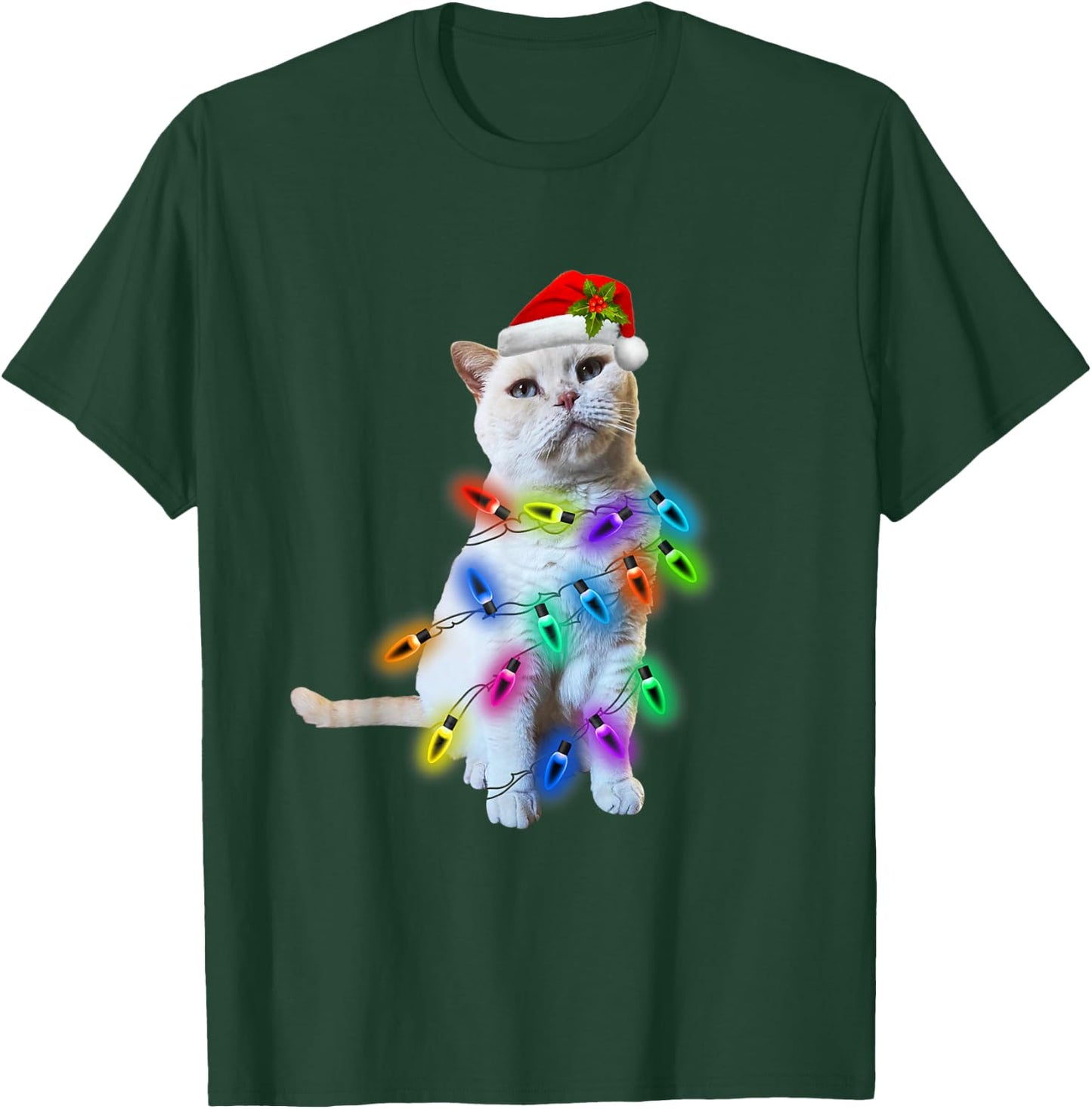 White Cat Christmas light funny cat lover Christmas T-Shirt - T-Shirt | Forest