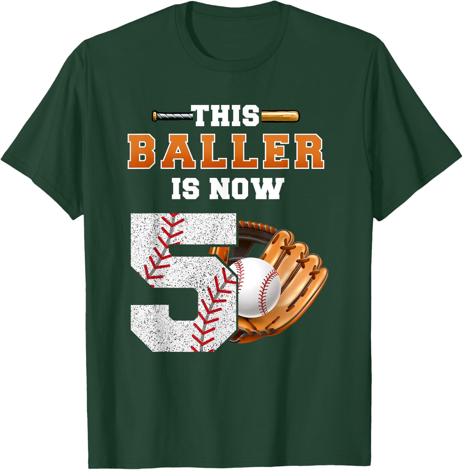 This Baller is Now 5 Kids Baseball Player 5th Birthday Boy T-Shirt - T-Shirt | Forest