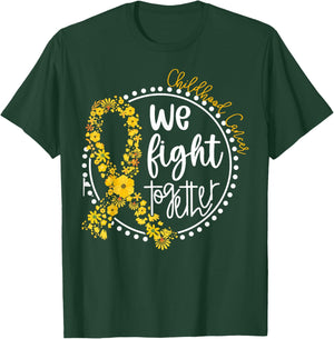 We Fight Together Childhood Cancer Floral Gold Ribbon T-Shirt - T-Shirt | Forest