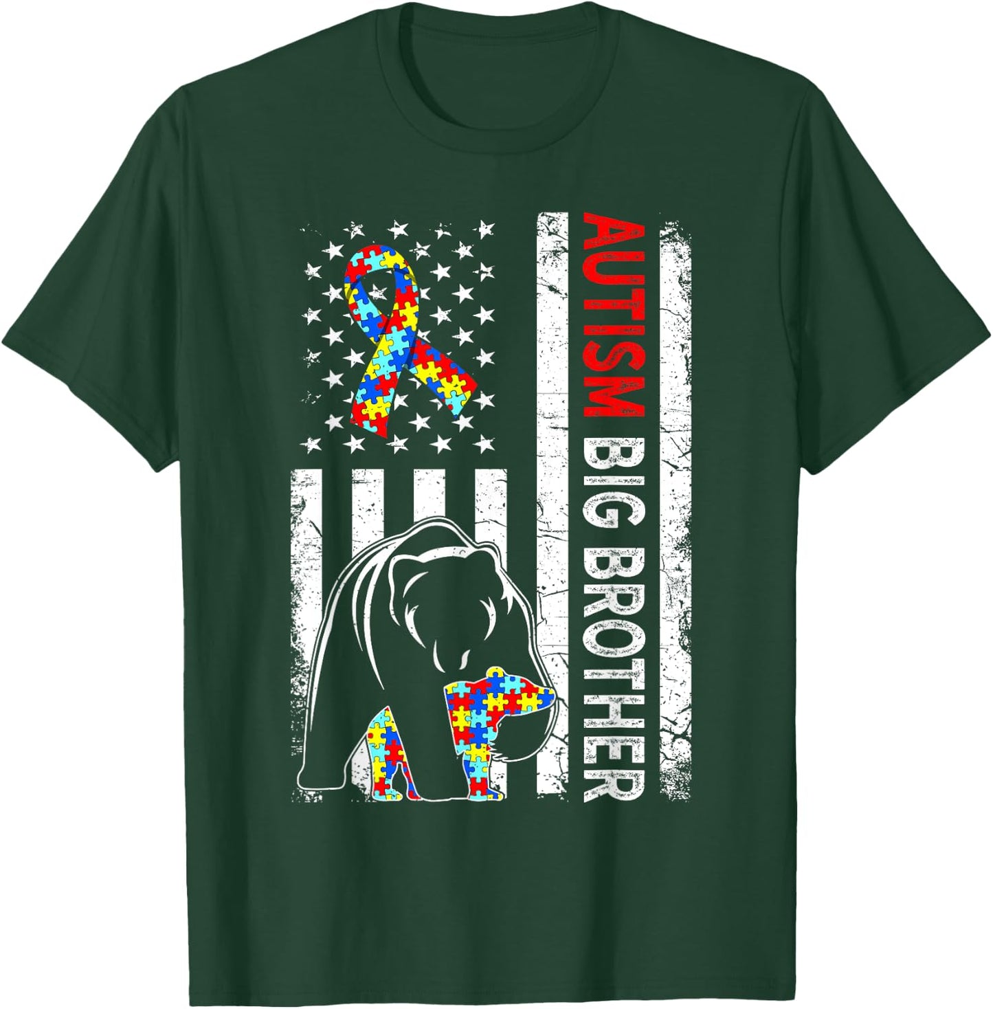 Distressed American Flag Autism Big Brother Bear Awareness Kids Men T-Shirt - T-Shirt | Forest