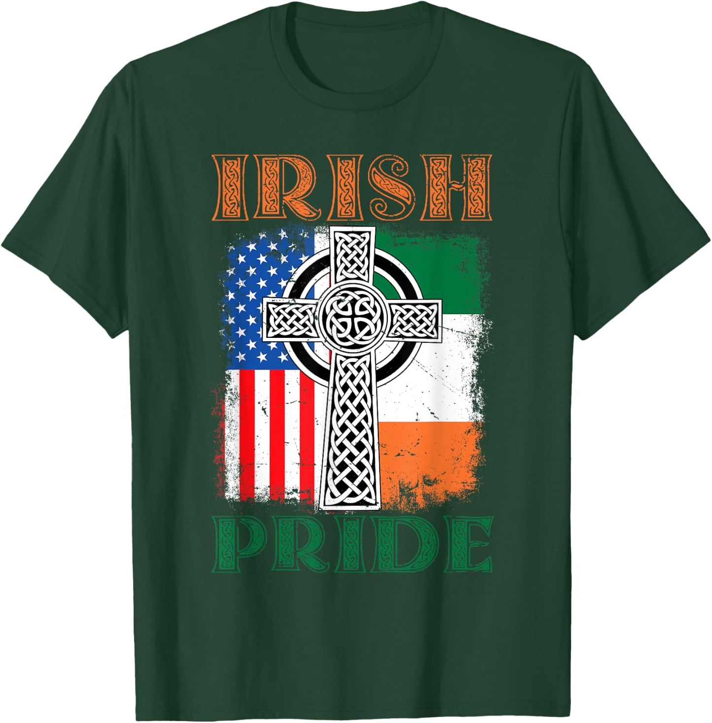 Irish Pride Celtic Cross Ireland & USA Flag St Patricks Day T-Shirt - T-Shirt | Forest