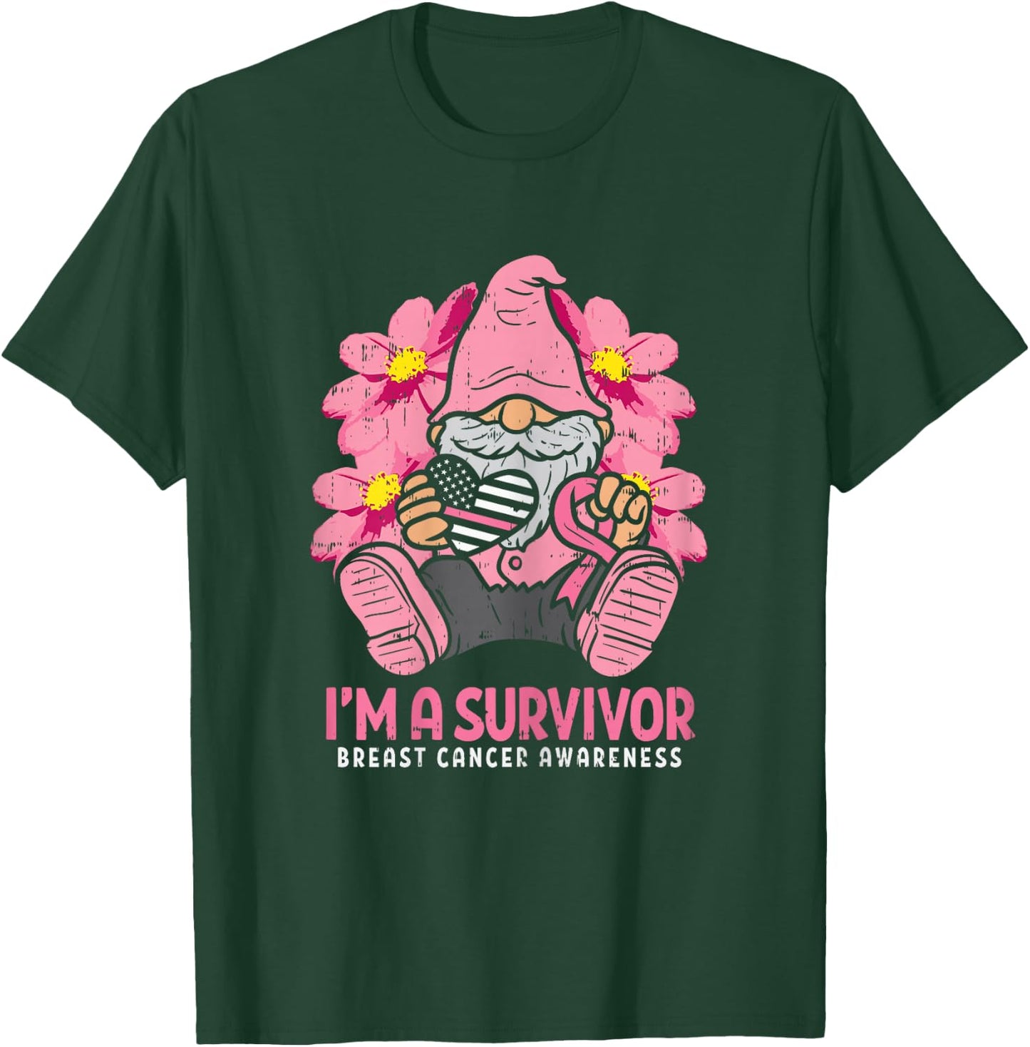 Breast Cancer Survivor Pink Ribbon Gnome US Flag Heart Gift T-Shirt - T-Shirt | Forest